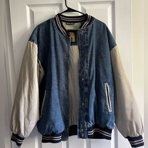 Vintage North Bay Denim Bomber Varsity Jacket (men’s large)